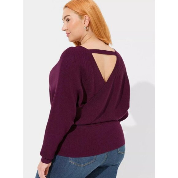 Torrid Sweater Womens 1X Purple Ribbed Pullover Plus Size V Neck Back Cutout NWT - Picture 1 of 12